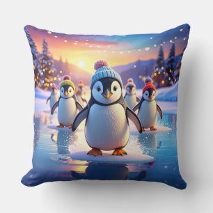 Cute Penguins in Winter Hats on Frozen Ice Throw Pillow