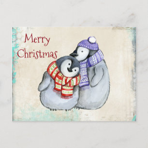 Cute Penguins in Winter Scarves and Hats Christmas Holiday Postcard