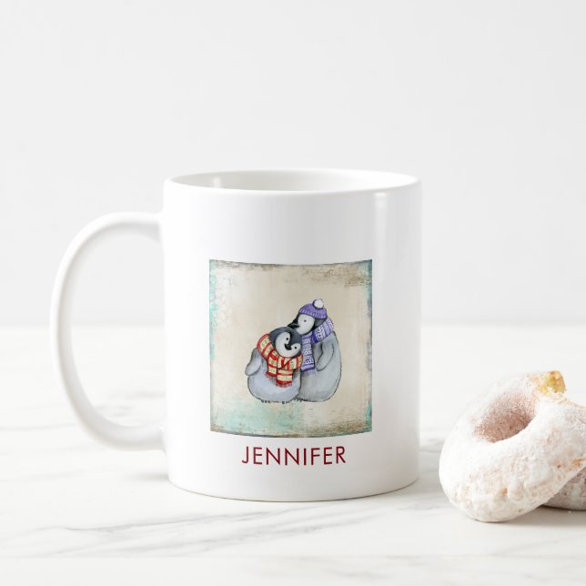 Cute Penguins in Winter Scarves and Hats Custom Coffee Mug (With Donut)