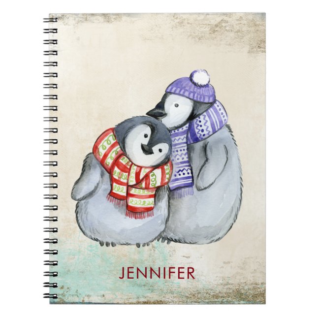 Cute Penguins in Winter Scarves and Hats Custom Notebook (Front)