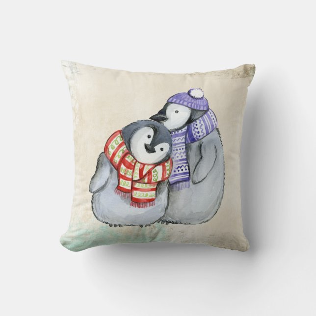 Cute Penguins in Winter Scarves and Hats Throw Pillow (Front)