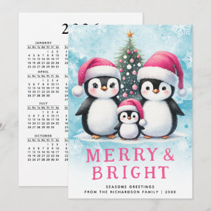 Cute Penguins Merry and Bright Pink Christmas Holiday Card