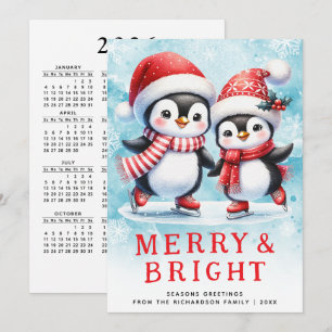 Cute Penguins Merry Bright Red and Blue Christmas Holiday Card