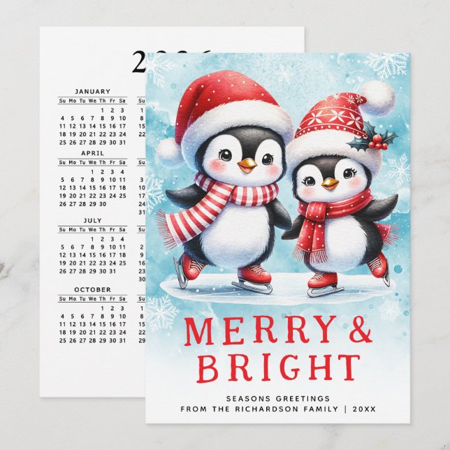 Cute Penguins Merry Bright Red and Blue Christmas Holiday Card (Front/Back)
