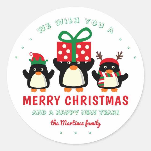 Cute Penguins Merry Christmas Classic Round Sticker (Front)