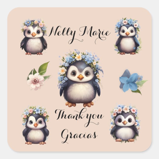 Cute Penguins Name Bilingual Gracias Thank You  Square Sticker (Front)
