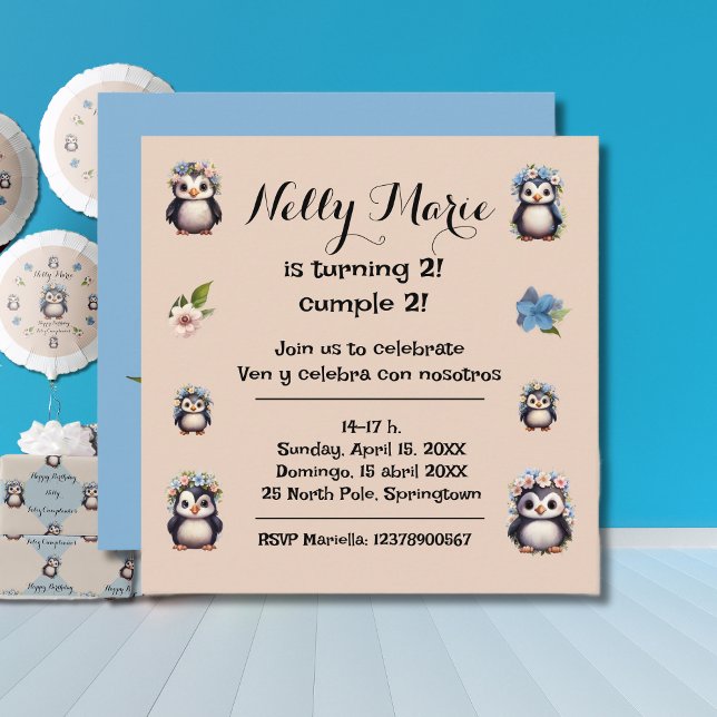 Cute Penguins Name Bilingual Text Spanish-Eng Invitation (Bilingual birthday invitation, cute penguins, persocalized & customizable. Multilingual Project.)