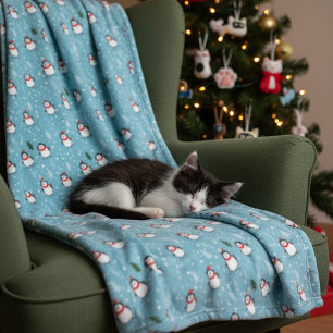 Cute Penguins on Light Blue with Snowflakes  Fleece Blanket