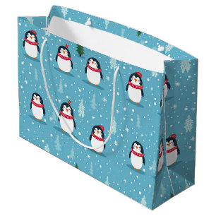Cute Penguins on Light Blue with Snowflakes  Large Gift Bag
