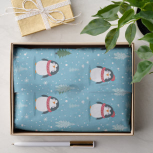 Cute Penguins on Light Blue with Snowflakes Tissue Paper