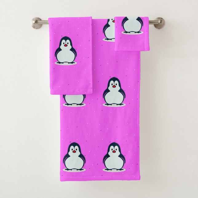 Cute penguins on pink bath towel set (Insitu)