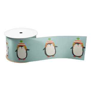 Cute Penguins Pattern -  Aqua Green Christmas Satin Ribbon
