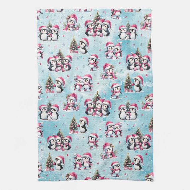 Cute Penguins Pattern Blue and Pink Christmas Kitchen Towel (Vertical)