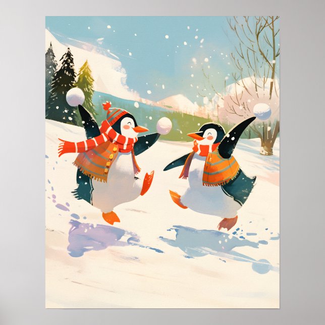 Cute Penguins Playing in Snow Watercolor Nursery  Poster (Front)