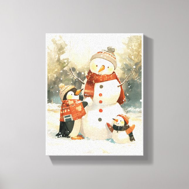 Cute Penguins & Snowman – Cozy Winter Watercolor Canvas Print (Front)