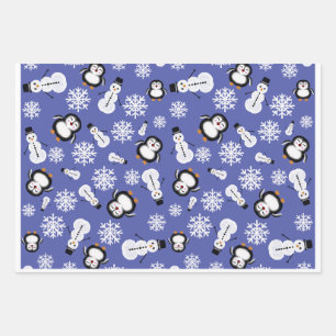Cute Penguins & Snowmen Winter Pattern Wrapping Paper Sheet