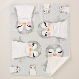 Cute Penguins Watercolor  Sherpa Blanket