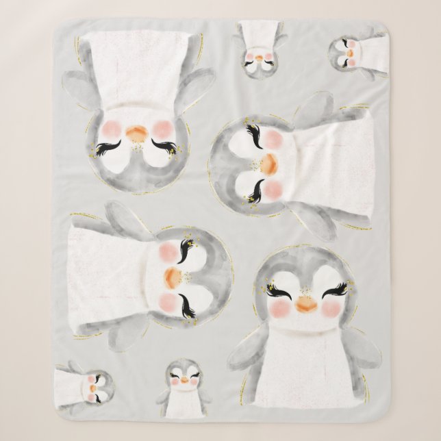 Cute Penguins Watercolor  Sherpa Blanket (Front)