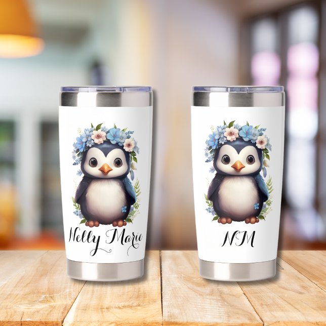 Cute Penguins White Custom Name & Initials Insulated Tumbler (Bilingual white insulated tumbler, custom name & initials, Multilingual Project)