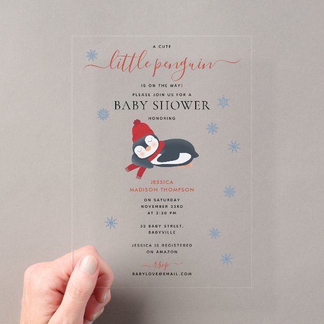 Cute Penguins Winter Baby Shower Acrylic Invitations (Insitu (Handheld))