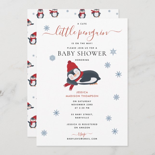 Cute Penguins Winter Baby Shower Invitation (Front/Back)