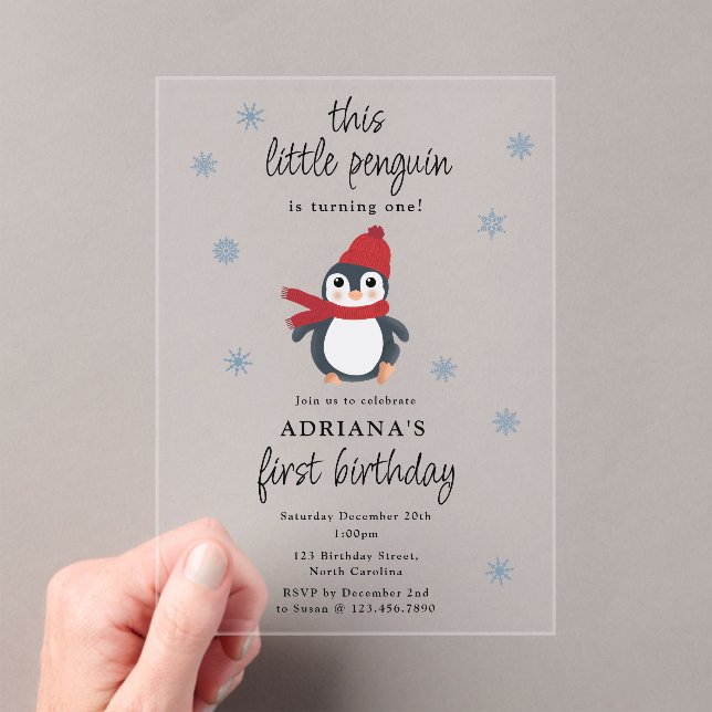 Cute Penguins Winter Birds Arctic Animals Birthday Acrylic Invitations (Insitu (Handheld))