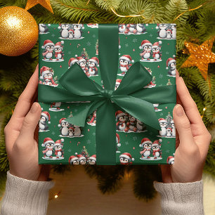 Cute Penguins Winter Green and Red Christmas Wrapping Paper