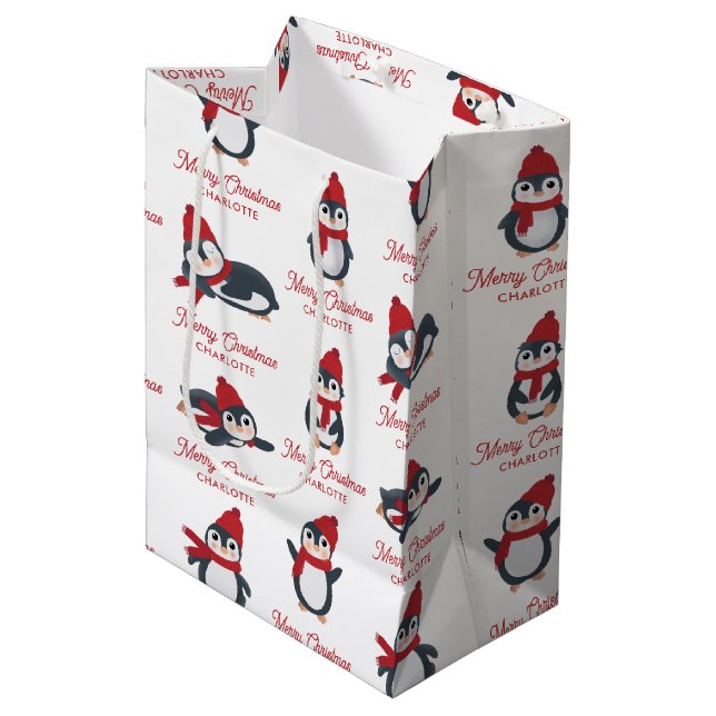 Cute Penguins Winter Merry Christmas Custom Name Medium Gift Bag (Front Angled)