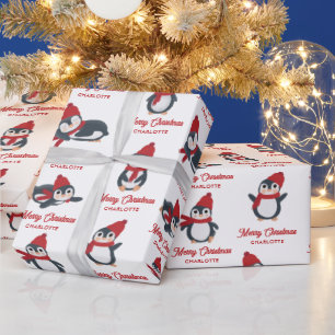 Cute Penguins Winter Merry Christmas Custom Name Wrapping Paper
