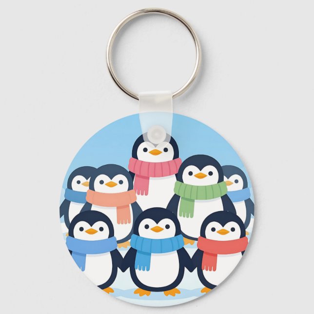 Cute Penguins Winter Scarves Group Hug Keychain (Front)