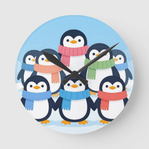 Cute Penguins Winter Scarves Group Hug Round Clock