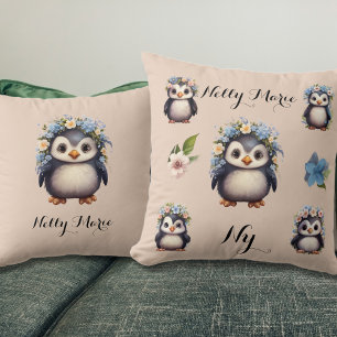 Cute Penguins with Flowers Name & Monogram Beige Throw Pillow
