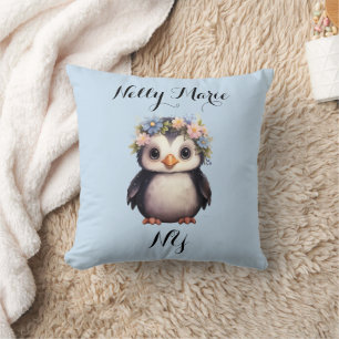 Cute Penguins with Flowers Name & Monogram Blue Throw Pillow
