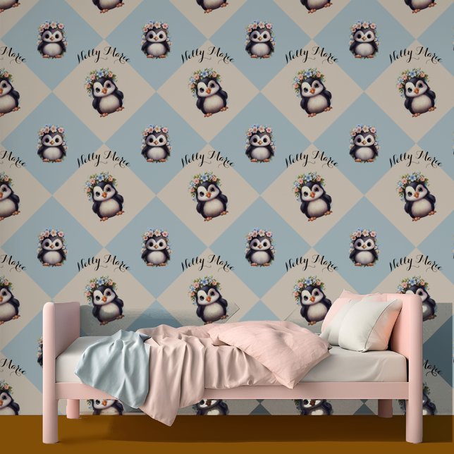 Cute Penguins with Name & Optional Bilingual Text Wallpaper (Bilingual Spanish Cute penguins custom name & personalized wallpaper.  Multilingual Project)