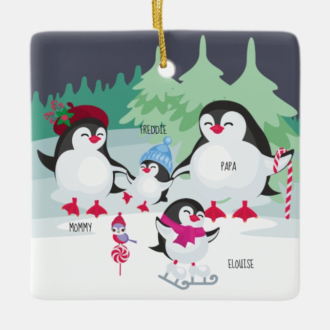 Cute Penguins with Names for Family of 4 Ceramic Ornament (Front)