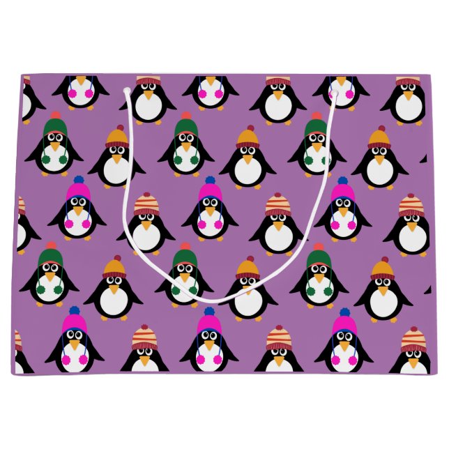 Cute penguins with winter hats pattern  large gift bag (Front)