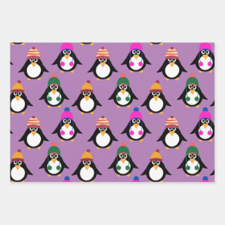 Cute penguins with winter hats wrapping paper sheet
