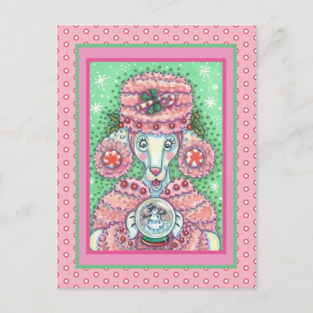 CUTE PEPPERMINT PINK POODLE AND SNOWGLOBE SNOWMAN POSTCARD (Front)