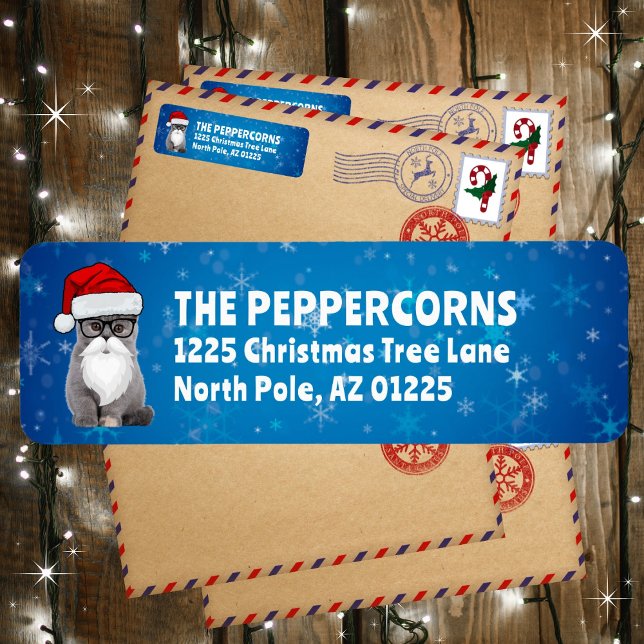 Cute Père Noël Christmas Cat Blue Adresse de retou (Available in multiple colors. Personalize and make it your own!)