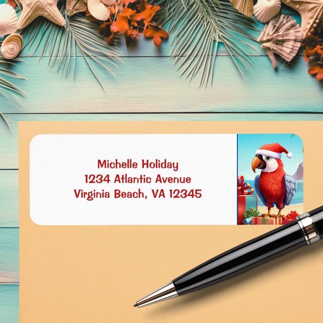 Cute Père Noël Parrot Tropical Beach Adresse de No (Cute Santa Parrot Tropical Beach Christmas Address Label)