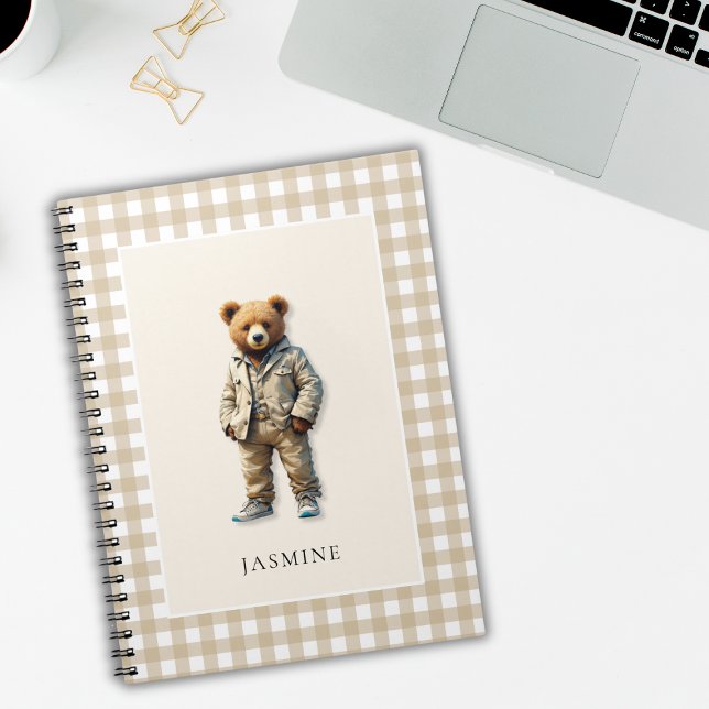 Cute  perosnalized teddy  notebook (cute personalized teddy notepad with a neutral beige plaid background)