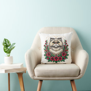 Cute Persian Cat, Floral Persian Kitty Throw Pillow