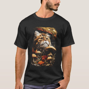 Cute Persian Cat with Fall Leaves Mushrooms Autumn T-Shirt