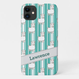 Cute Personal Boys Blue & White Striped Llama iPhone 11 Case