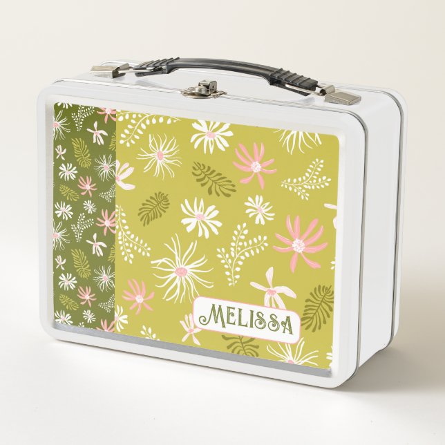 Cute Personal Métal Lunchbox vert & rose floral (Devant)