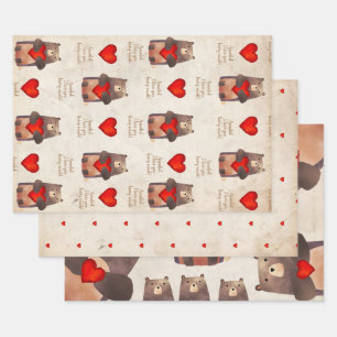 Cute Personalised Bear with heart Wrapping Paper Sheet