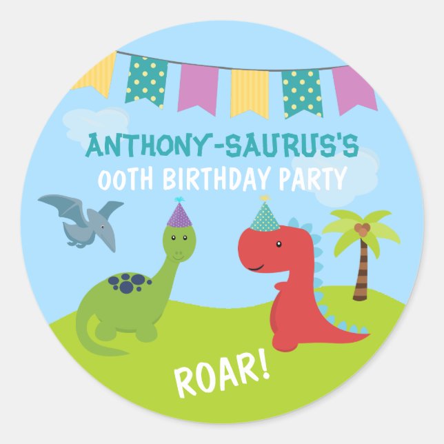 Cute Personalised Dinosaur themed Party Classic Round Sticker (Front)