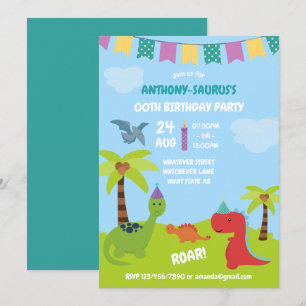 Cute Personalised Dinosaur themed Party Invitation