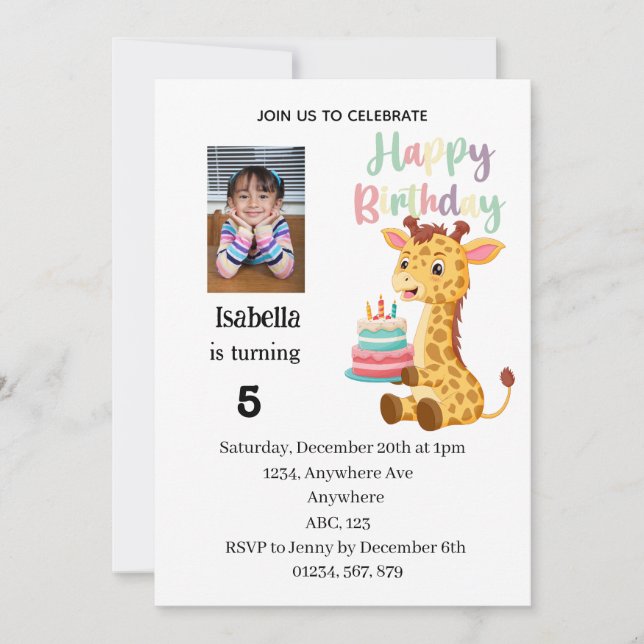 Cute Personalised Giraffe Birthday Party Invitation (Front)