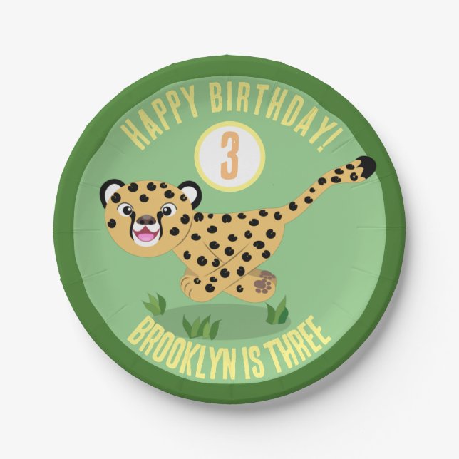 Cute personalised happy cheetah birthday cartoon paper plate (Front)
